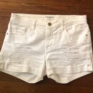 frame denim white distressed shorts